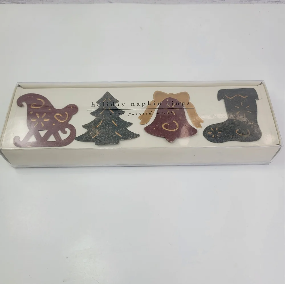Pier 1 Imports Metal Holiday Christmas Napkin Rings Handpainted Set of 4
